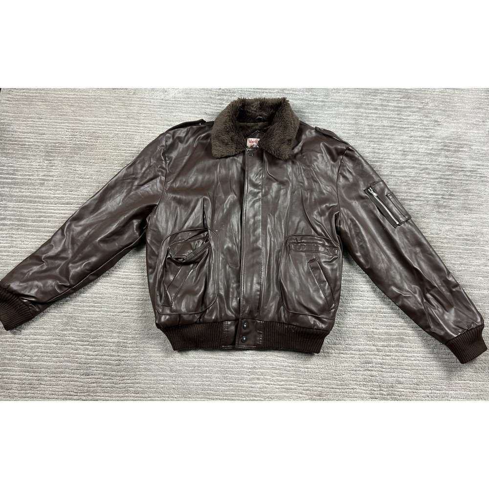 Vtg Van Cort Faux Leather Bomber Jacket Korea Made Brown XL 80s‎ Stranger Things